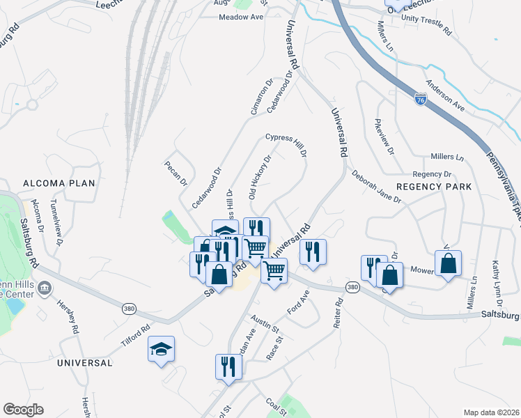 map of restaurants, bars, coffee shops, grocery stores, and more near 165 Cypress Hill Drive in Pittsburgh