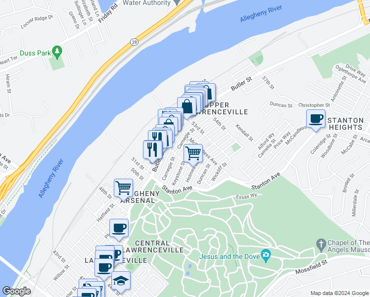 map of restaurants, bars, coffee shops, grocery stores, and more near in Pittsburgh