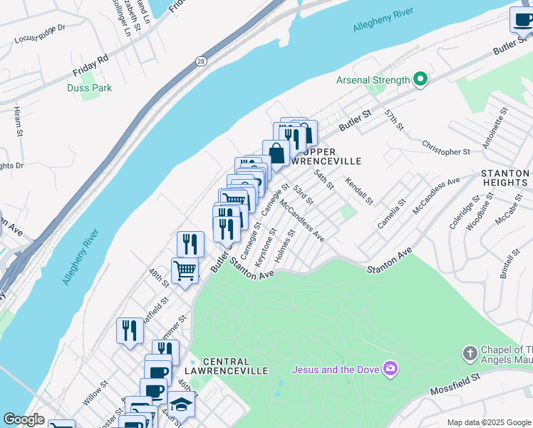 map of restaurants, bars, coffee shops, grocery stores, and more near in Pittsburgh