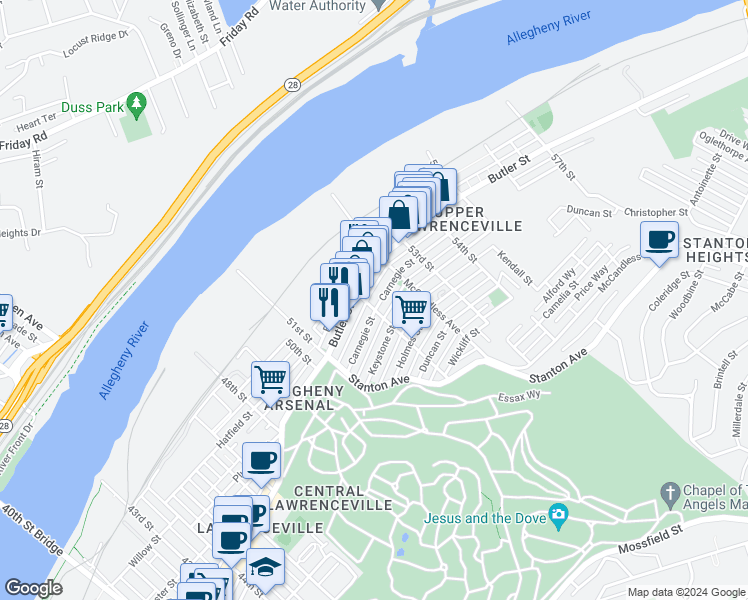 map of restaurants, bars, coffee shops, grocery stores, and more near in Pittsburgh