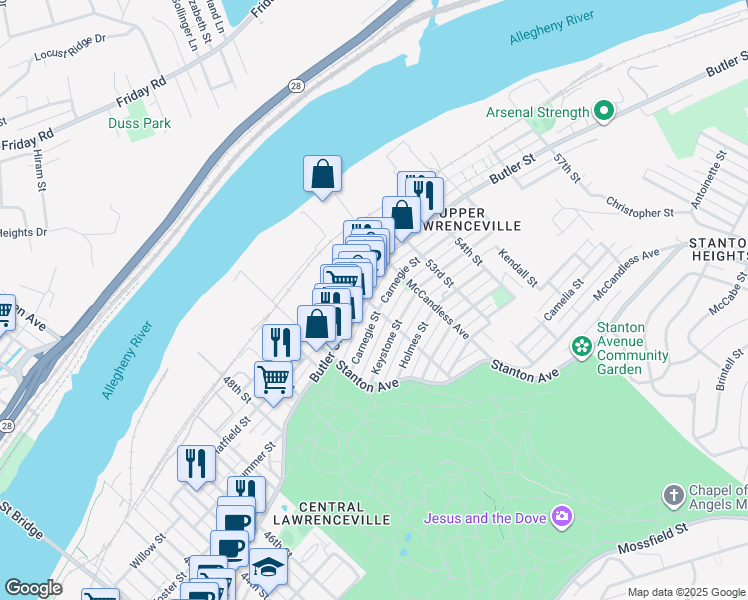 map of restaurants, bars, coffee shops, grocery stores, and more near in Pittsburgh