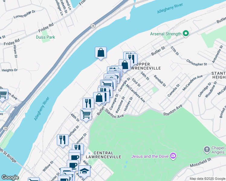 map of restaurants, bars, coffee shops, grocery stores, and more near in Pittsburgh