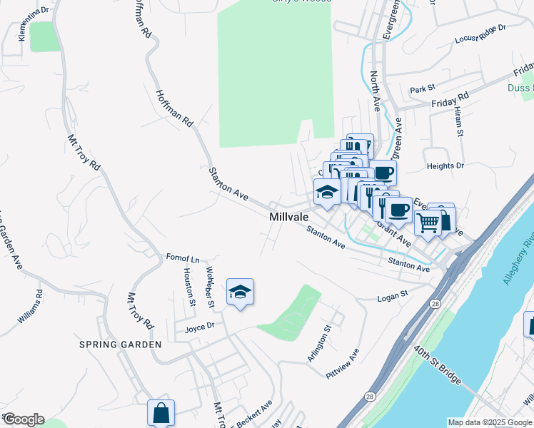 map of restaurants, bars, coffee shops, grocery stores, and more near 829 Stanton Avenue in Pittsburgh