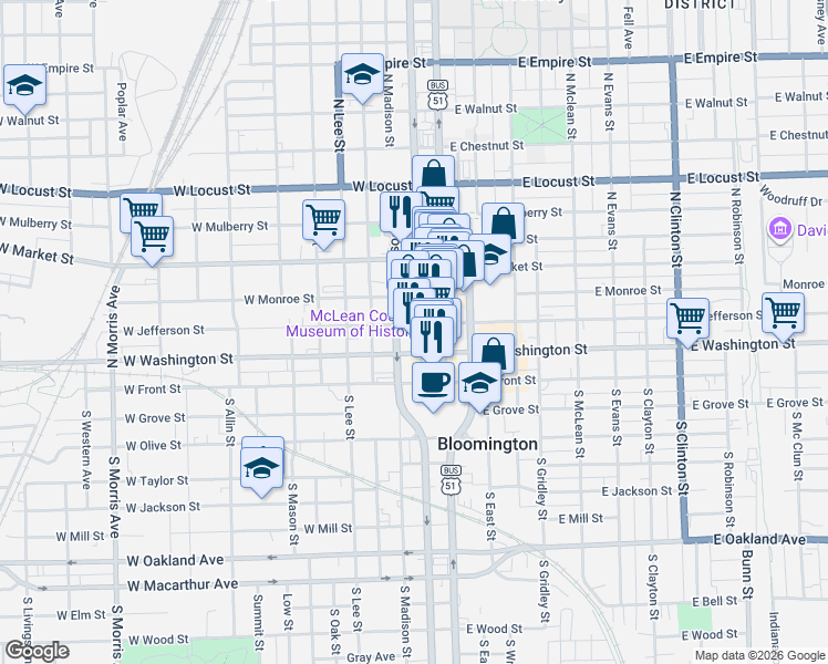 map of restaurants, bars, coffee shops, grocery stores, and more near 207 West Jefferson Street in Bloomington