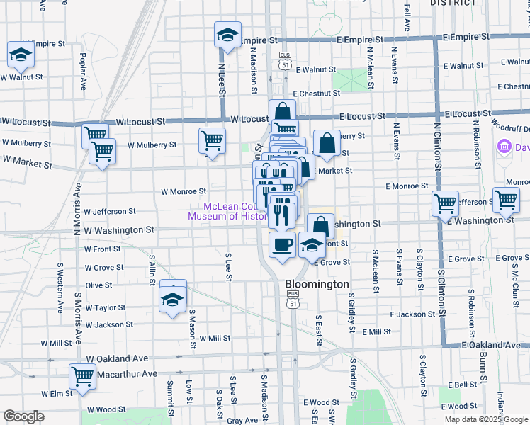 map of restaurants, bars, coffee shops, grocery stores, and more near 207 West Jefferson Street in Bloomington