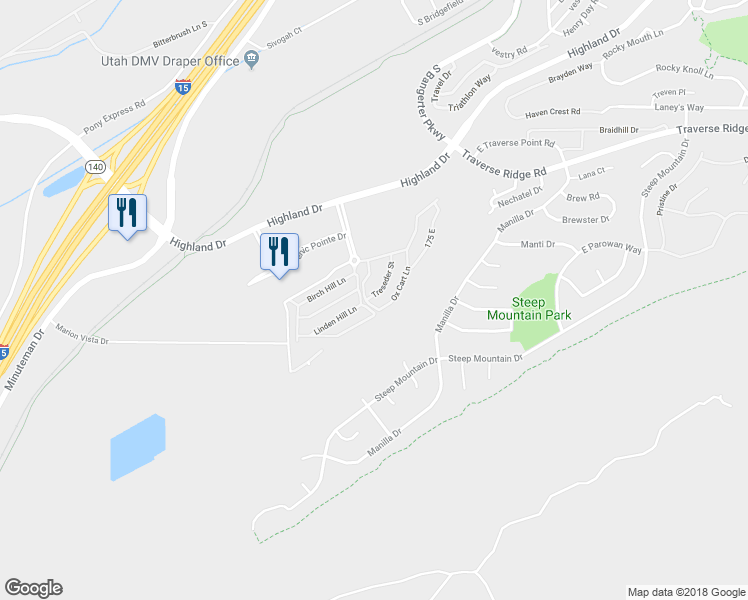map of restaurants, bars, coffee shops, grocery stores, and more near 14925 Treseder Street in Draper