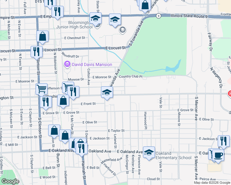 map of restaurants, bars, coffee shops, grocery stores, and more near 1205 East Jefferson Street in Bloomington