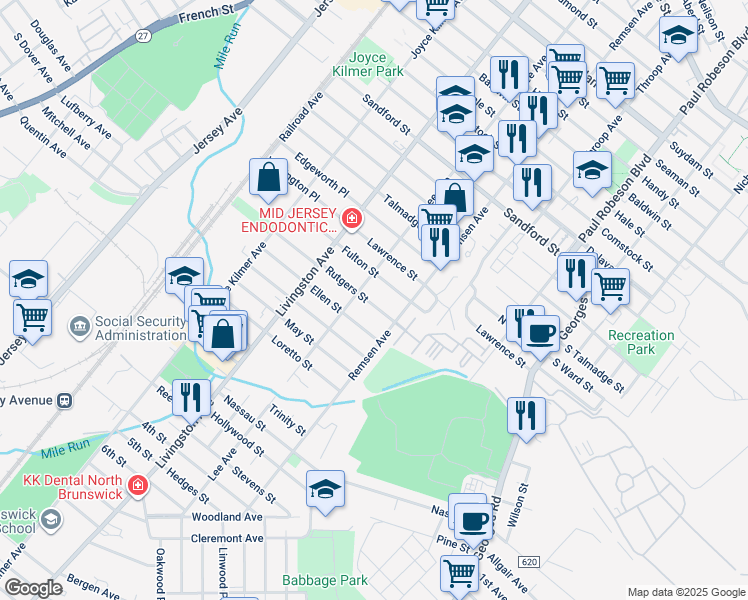 map of restaurants, bars, coffee shops, grocery stores, and more near 167 Rutgers Street in New Brunswick