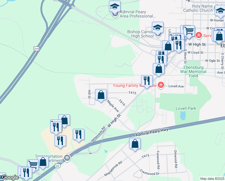 map of restaurants, bars, coffee shops, grocery stores, and more near 401-405 Maple Avenue in Ebensburg