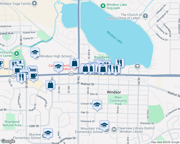 map of restaurants, bars, coffee shops, grocery stores, and more near 530 Main Street in Windsor