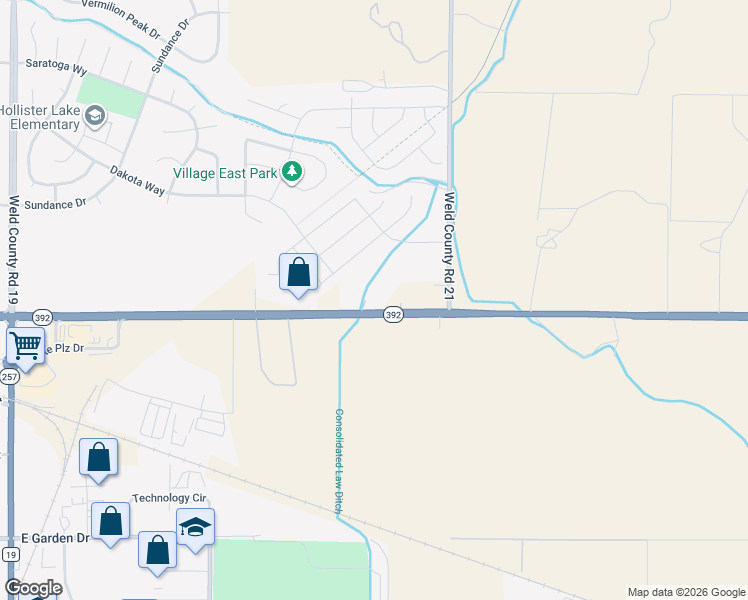 map of restaurants, bars, coffee shops, grocery stores, and more near 9877 Colorado 392 in Windsor