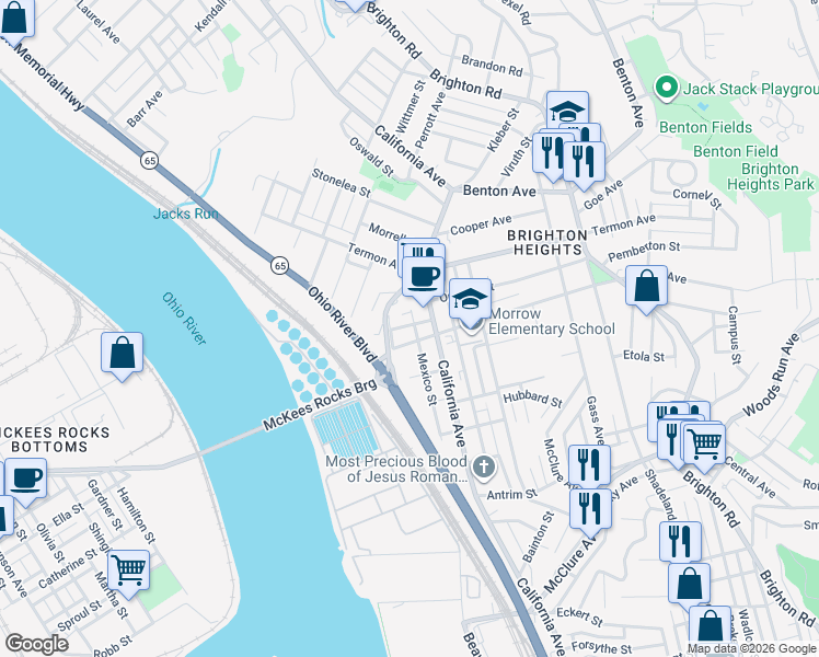 map of restaurants, bars, coffee shops, grocery stores, and more near 3613 Mexico Street in Pittsburgh