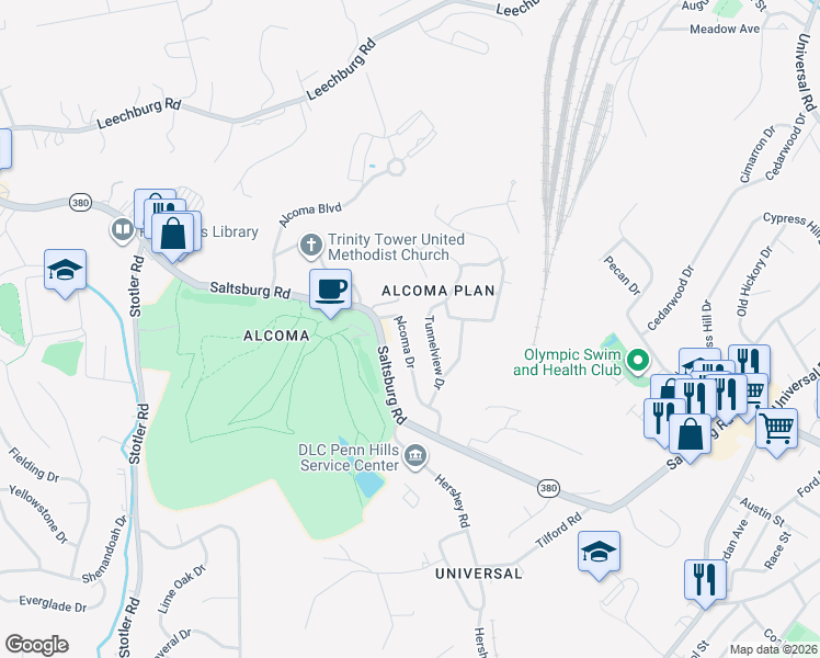 map of restaurants, bars, coffee shops, grocery stores, and more near 6831 Alcoma Drive in Pittsburgh