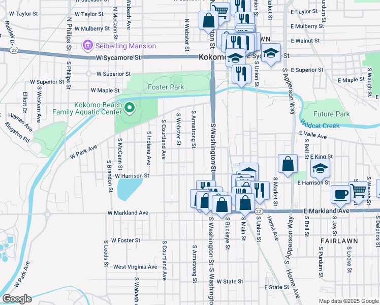 map of restaurants, bars, coffee shops, grocery stores, and more near 707 South Armstrong Street in Kokomo