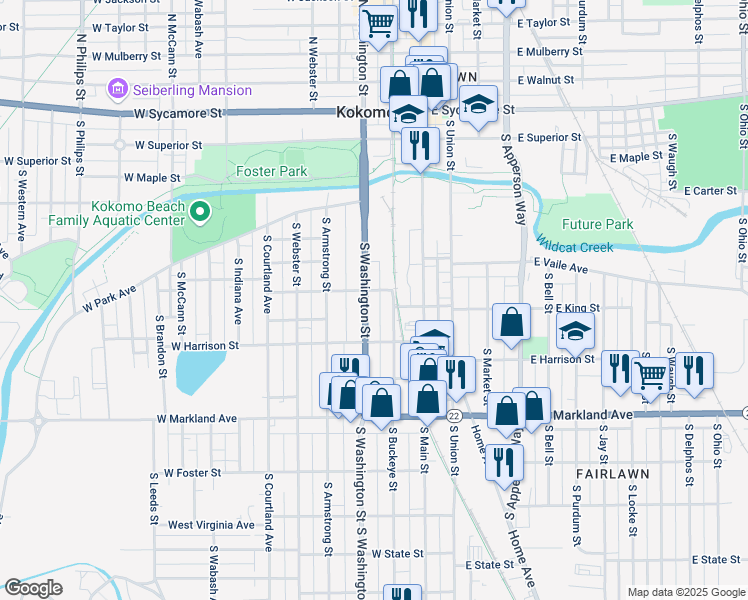 map of restaurants, bars, coffee shops, grocery stores, and more near 211 West King Street in Kokomo