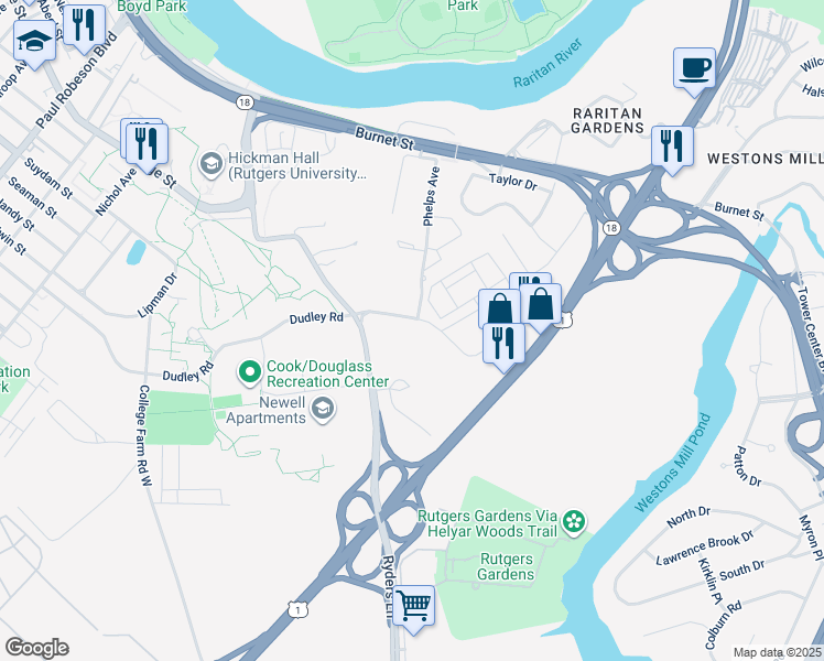 map of restaurants, bars, coffee shops, grocery stores, and more near 50 Labor Center Way in New Brunswick