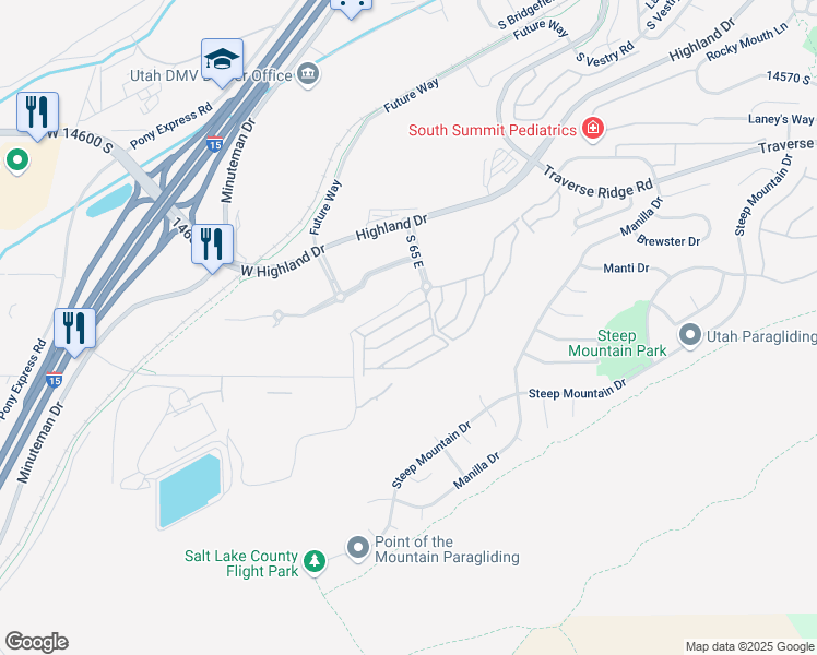 map of restaurants, bars, coffee shops, grocery stores, and more near 63 East Hawthorne Hill Lane in Draper