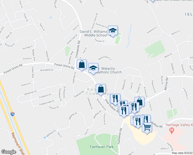 map of restaurants, bars, coffee shops, grocery stores, and more near 343 Forest Grove Road in Coraopolis