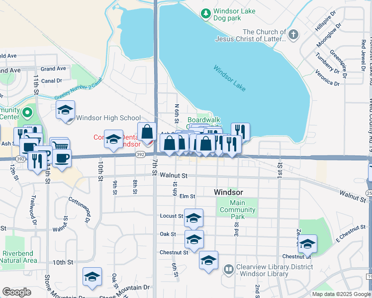 map of restaurants, bars, coffee shops, grocery stores, and more near 113 North 6th Street in Windsor