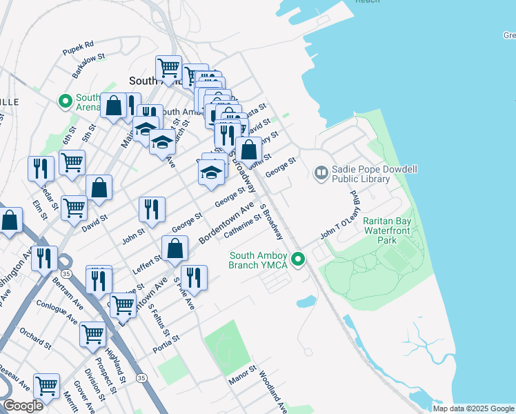 map of restaurants, bars, coffee shops, grocery stores, and more near 208 Bordentown Avenue in South Amboy