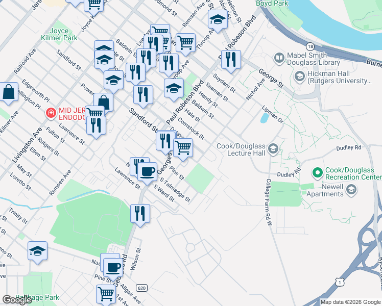 map of restaurants, bars, coffee shops, grocery stores, and more near 11 Sandford Street in New Brunswick