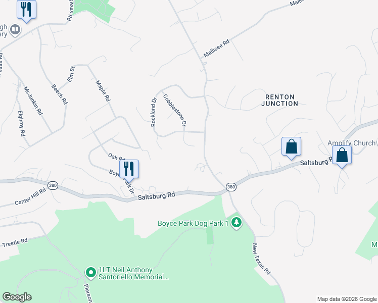 map of restaurants, bars, coffee shops, grocery stores, and more near 104 Pebble Stone Court in Pittsburgh