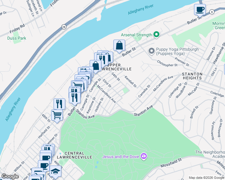 map of restaurants, bars, coffee shops, grocery stores, and more near in Pittsburgh