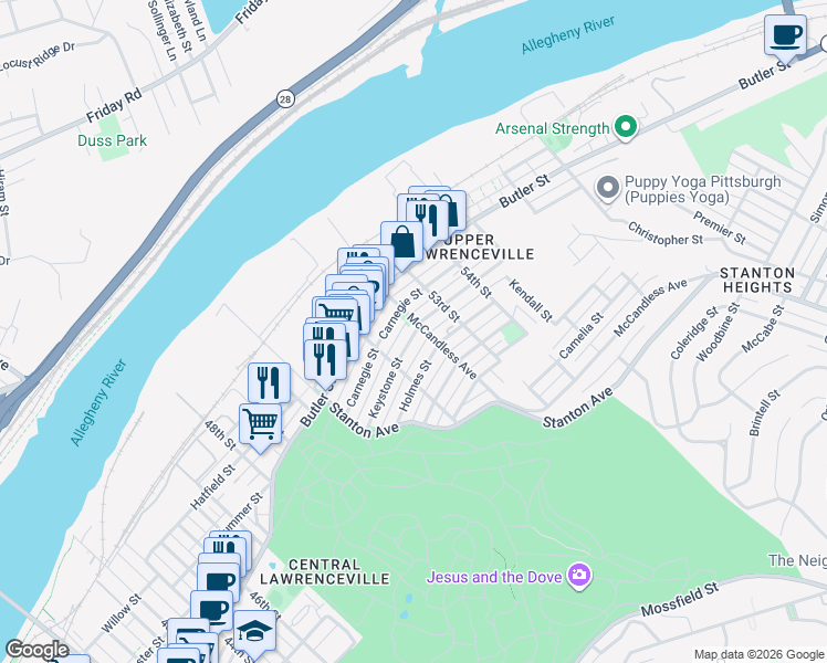map of restaurants, bars, coffee shops, grocery stores, and more near 5254 Keystone Street in Pittsburgh