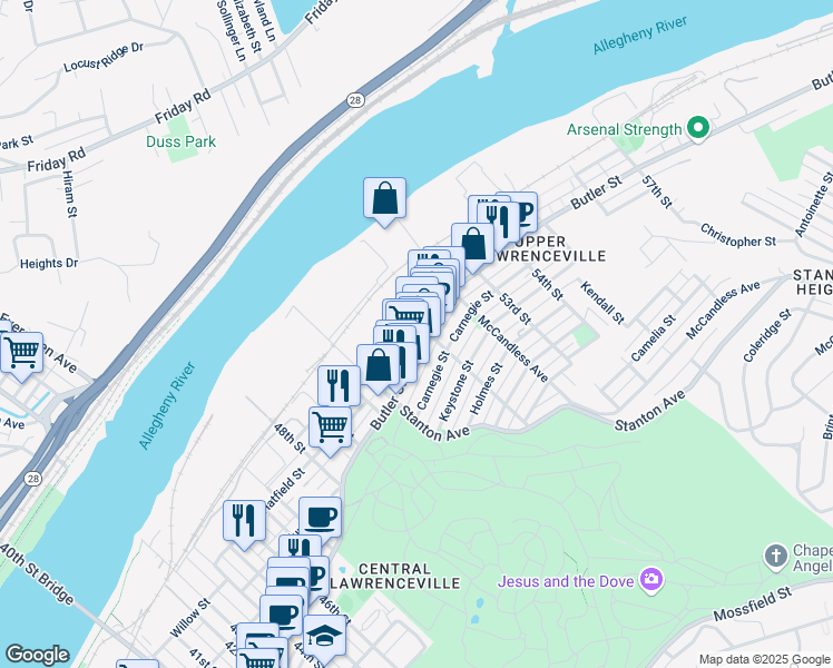 map of restaurants, bars, coffee shops, grocery stores, and more near in Pittsburgh