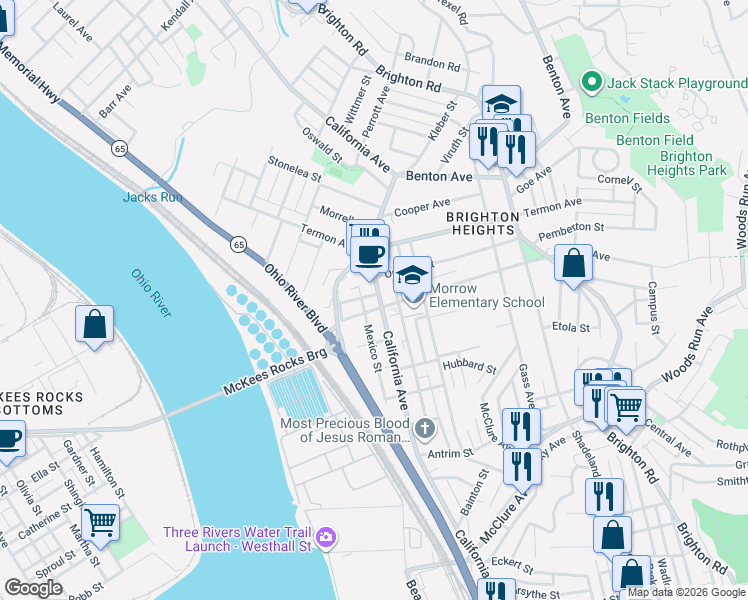 map of restaurants, bars, coffee shops, grocery stores, and more near 3615 California Avenue in Pittsburgh