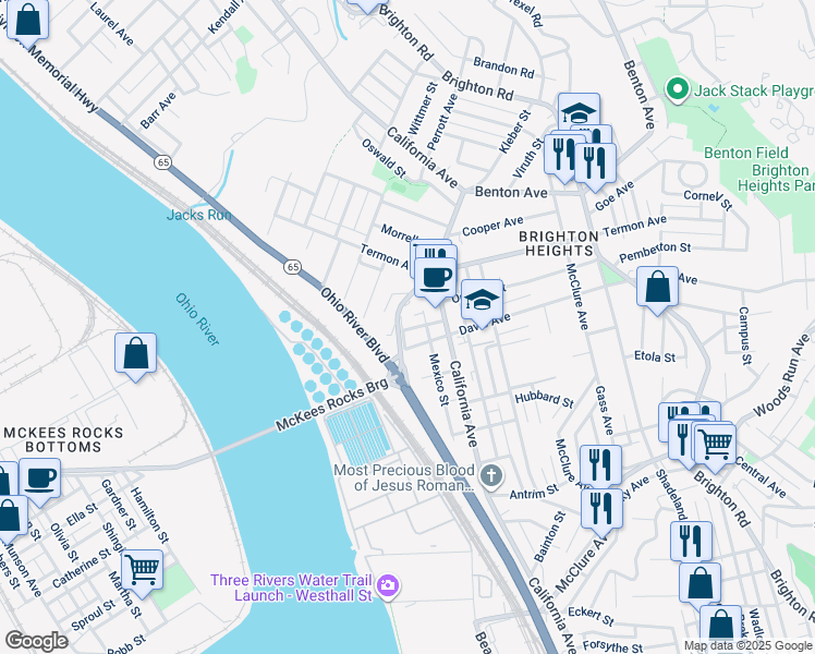 map of restaurants, bars, coffee shops, grocery stores, and more near 3632 Grenada Street in Pittsburgh