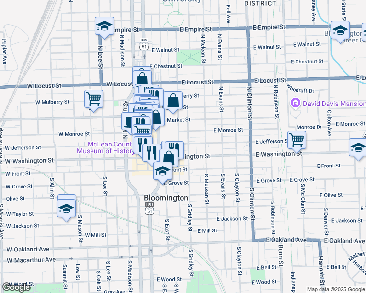 map of restaurants, bars, coffee shops, grocery stores, and more near 303 East Jefferson Street in Bloomington
