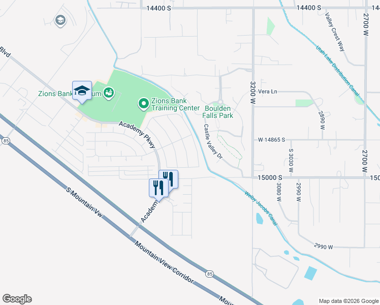 map of restaurants, bars, coffee shops, grocery stores, and more near 14906 Beckham Drive in Bluffdale