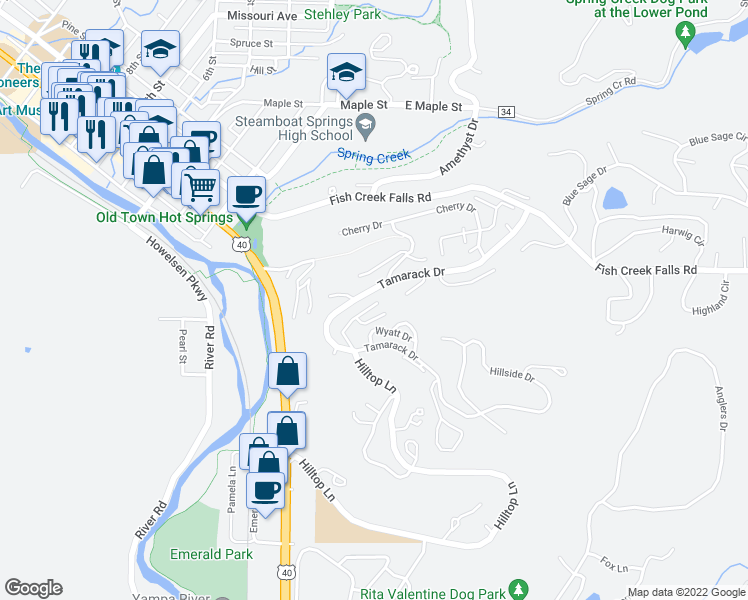 map of restaurants, bars, coffee shops, grocery stores, and more near 465 Tamarack Drive in Steamboat Springs