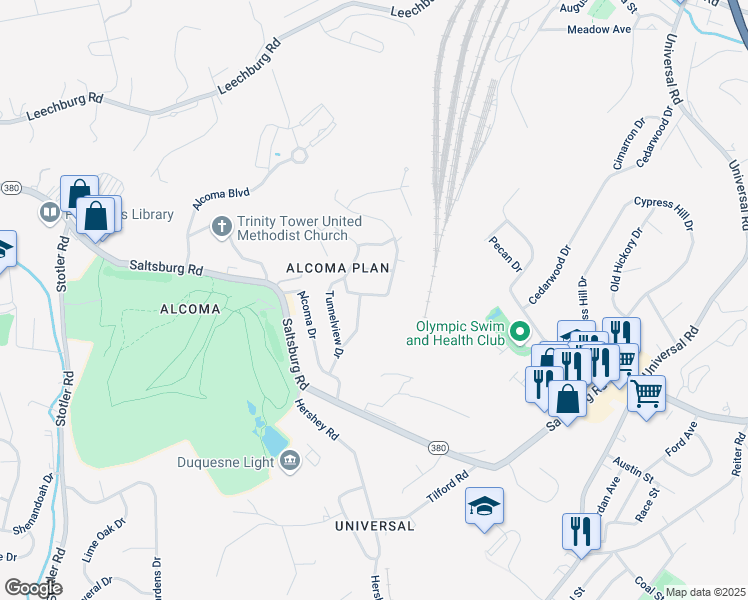 map of restaurants, bars, coffee shops, grocery stores, and more near 128 Saint Croix Drive in Pittsburgh