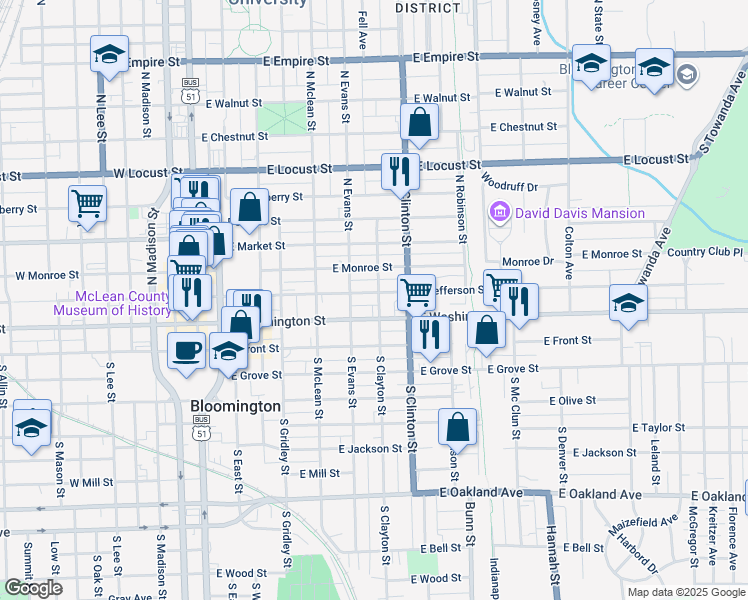 map of restaurants, bars, coffee shops, grocery stores, and more near 613 East Jefferson Street in Bloomington