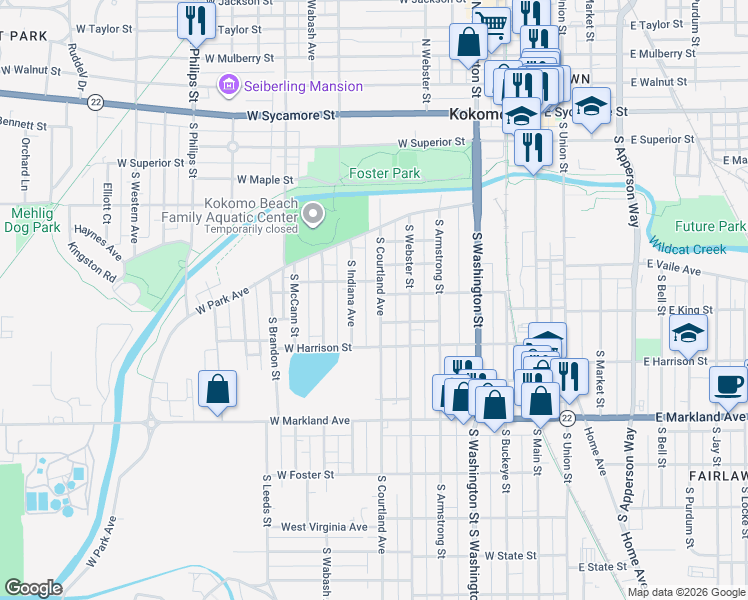 map of restaurants, bars, coffee shops, grocery stores, and more near 703 South Courtland Avenue in Kokomo