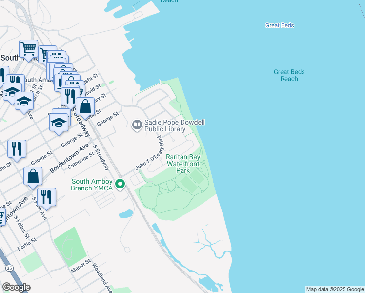map of restaurants, bars, coffee shops, grocery stores, and more near 27 South Shore Drive in South Amboy