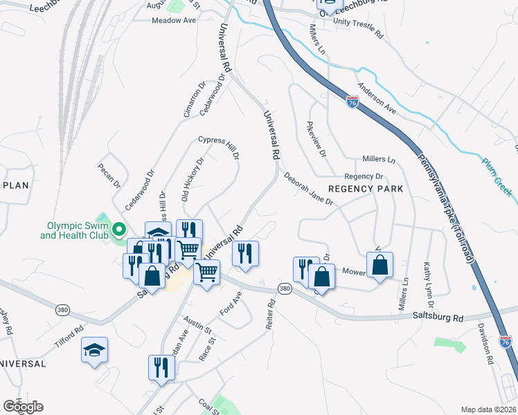 map of restaurants, bars, coffee shops, grocery stores, and more near 3042 Universal Rd in Pittsburgh