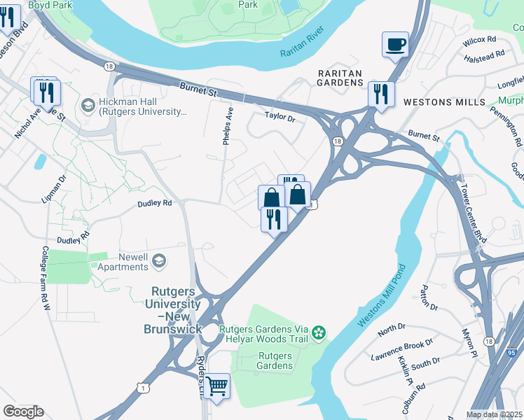 map of restaurants, bars, coffee shops, grocery stores, and more near 51 U.S. 1 in New Brunswick