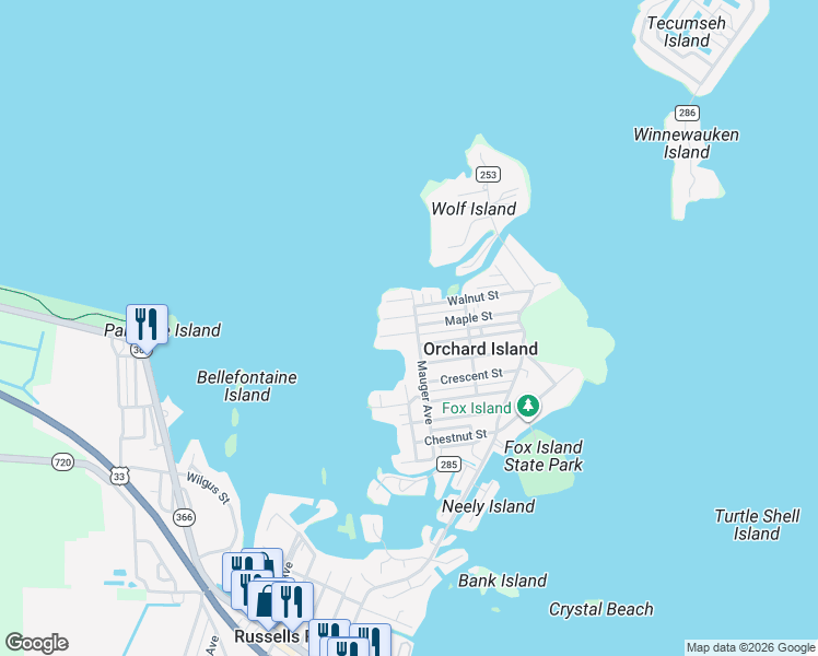 map of restaurants, bars, coffee shops, grocery stores, and more near 9028 Maple Street in Russells Point
