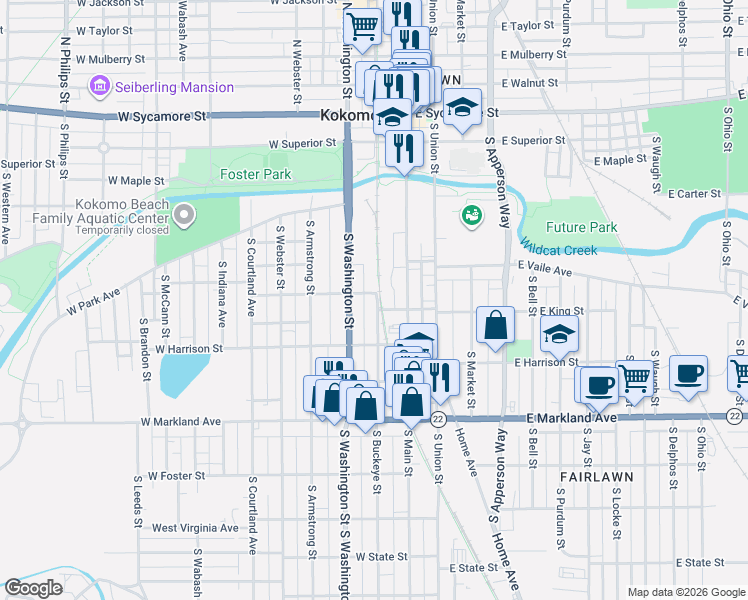 map of restaurants, bars, coffee shops, grocery stores, and more near 211 West King Street in Kokomo
