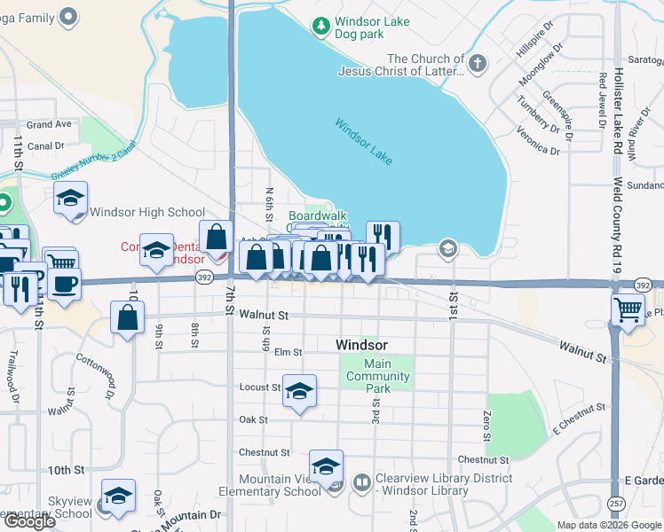 map of restaurants, bars, coffee shops, grocery stores, and more near 418 Ash Street in Windsor