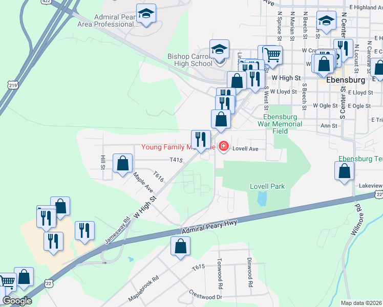 map of restaurants, bars, coffee shops, grocery stores, and more near 126-398 Myers St in Ebensburg
