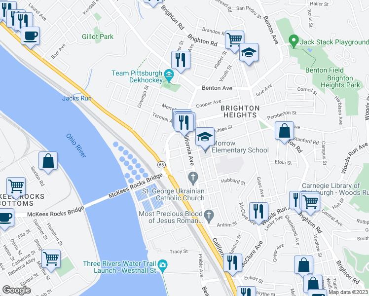 map of restaurants, bars, coffee shops, grocery stores, and more near 3615 California Avenue in Pittsburgh