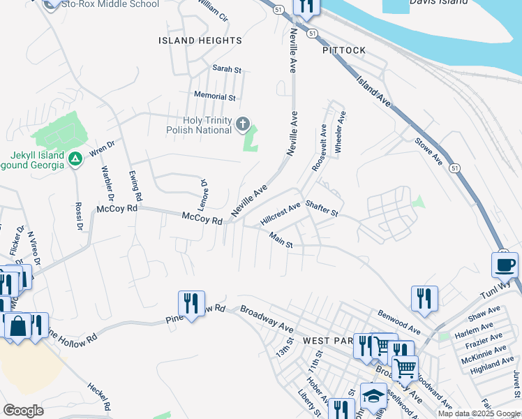 map of restaurants, bars, coffee shops, grocery stores, and more near 731 McCoy Rd in McKees Rocks