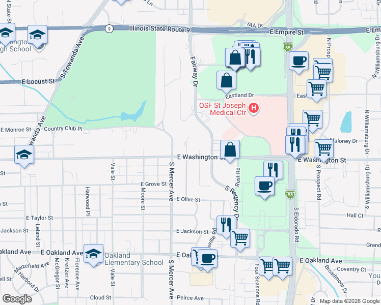map of restaurants, bars, coffee shops, grocery stores, and more near 5 Ruth Road in Bloomington