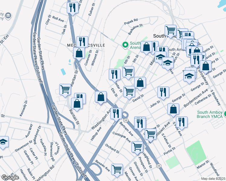 map of restaurants, bars, coffee shops, grocery stores, and more near 232 Elm Street in South Amboy