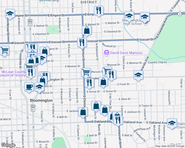 map of restaurants, bars, coffee shops, grocery stores, and more near 817 1/2 East Jefferson Street in Bloomington
