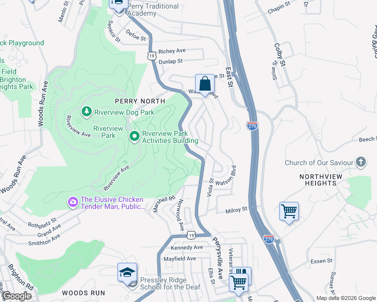 map of restaurants, bars, coffee shops, grocery stores, and more near Perrysville Avenue in Pittsburgh